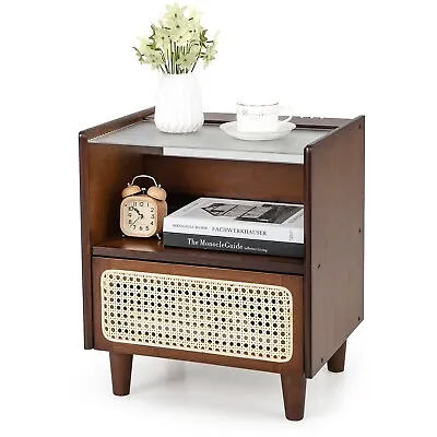 Bamboo Rattan Nightstand Boho Bedside Table With Drawer Bedroom End Table • £49.95