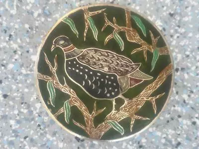 Vintage Quail Cloisonne Brass Enamel 5  Round Trinket Box • $35