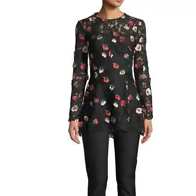 LELA ROSELong-Sleeve Fit-and-Flare Floral-Appliques Lace Top • $180