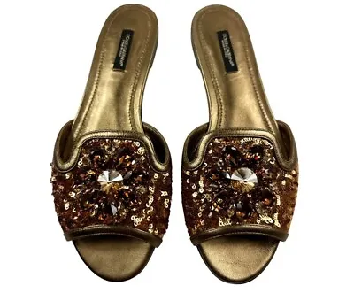 Dolce & Gabbana Gold Brown Leather Glitter Flats Sandals Slides Shoes EU38 UK5 • $348