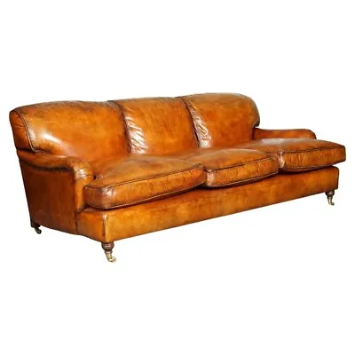 Vintage Brown Leather Hand Dyed Howards & Sons Style 3 Seater Sofa Feather • $7895.31