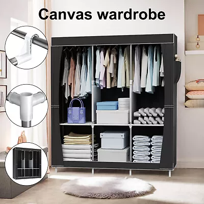 Large Canvas Wardrobe With Metal Frames Shelves For Home Clothes Storage Black • £22.99