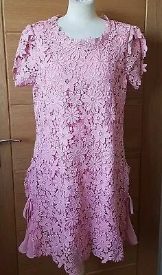 Orien Love Crochet Lace Side Pleated Pink Dress Size 14 • £20