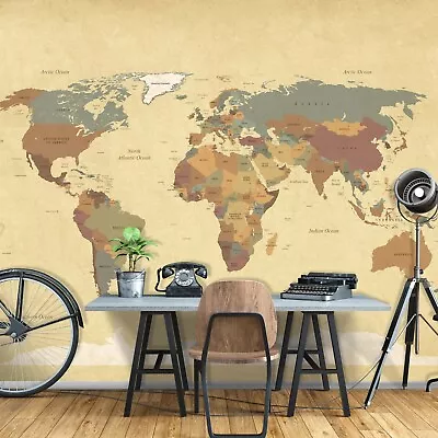 Paper Wallpaper 368x254 Cm Map Of The World Brown Photo Wall Mural Bedroom • $96.46