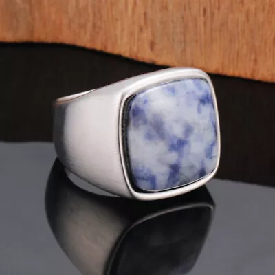 Square Blue Stone Wedding Ring Stainless Steel Retro Men's Ring Gift Size 6-15 • $13.98