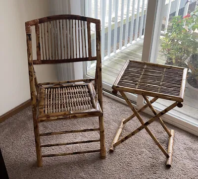 Burned Bamboo And Rattan Folding Chair And Side Table Vintage • $155