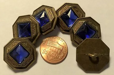 6 Octagonal Antiqued Brass Tone Metal Shank Buttons 13/16  20.5mm Blue Cab 9601 • $14.99