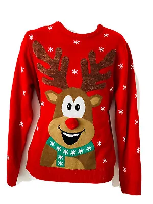 Mens Christmas Jumper Red Reindeer Snowflake Tactile Sweater Festive Novelty • £7.99