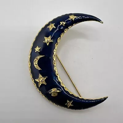 Vtg Blue Crescent Moon Brooch Saturn Stars Midnight Celestial Enamel Gold Tone • $20.40