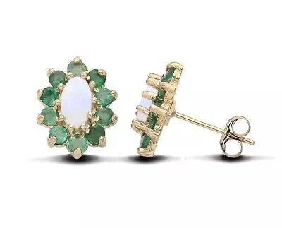 9ct Yellow Gold Natural Opal & Emerald Cluster Stud Earrings • £86.95