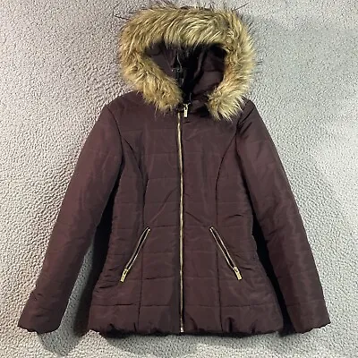 H&M's Puffer Jacket Womens Medium 8 Purple Faux Fur Trim Winter Snow Coat Zip Up • $8.99