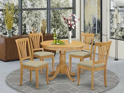 5pc Dinette Set 36  Round Pedestal Kitchen Table + 4 Padded Chairs In Light Oak • $540
