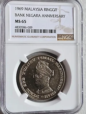 Malaysia 1 Ringgit 1969 Bank Negara Anniversary NGC MS 65 • $70