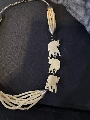 Vintage Silver Faux Ivory Elephant Necklace  • $25