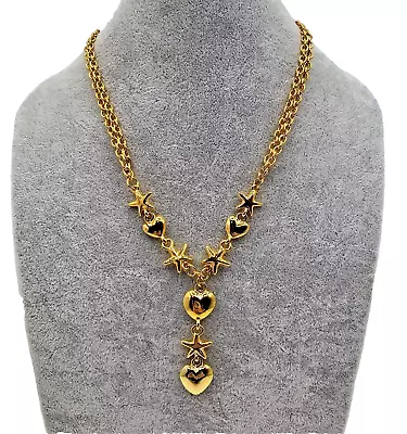 Vintage Gold Tone Stars & Hearts Double Chain Lariat Necklace 17  - 20  • $29.99