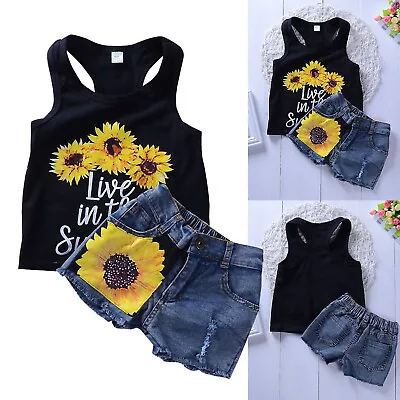 Sunflower Children's Clothes Summer Girls Printed Vest Denim Shorts Suit Tops • $24.19