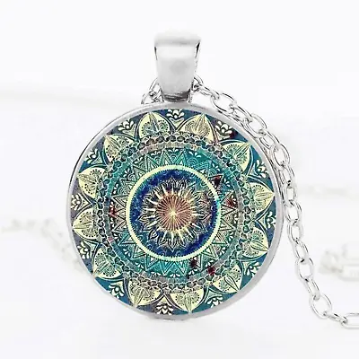 Om Bhuddist Lotus Flower Mandala Pendant Necklace - UK Stock • $8.83