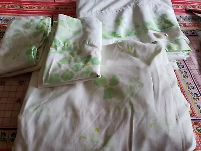 Vintage 70's Halston 4 Piece Double/Full Cotton Sheet Set White/ Green Floral • $35