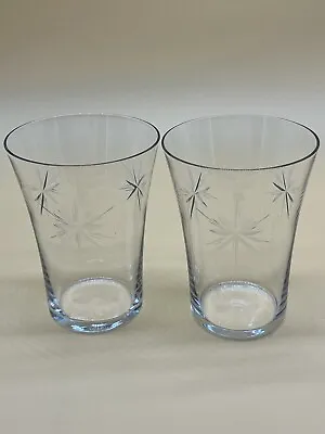 Set Of 2 Vintage Etched Atomic Starburst Drinking Juice Glasses - 6 Pointed Star • $19.99