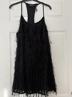 £6.99 • Buy Topshop Black Fringe Tassel Mini Dress Size 8 Black Vguc Cami Racer Back 