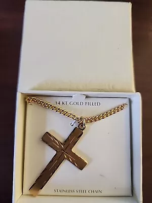 Mens 14k Gold Filled Cross On Gold Tone Stainless Chain 24  NIB • $19