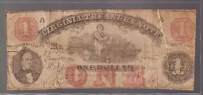 Civil War Confederate $1 Dollar Bill 1862 Virginia Treasury Paper Money VA Note • $6.50