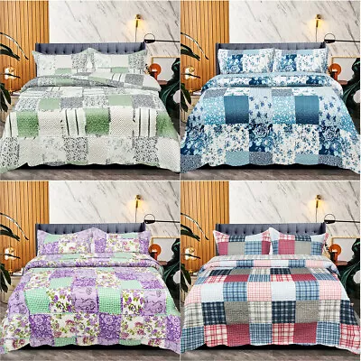 3 Piece Quilted Patchwork Bedspread Throw Single Double King Size Bedding Set • £22.99