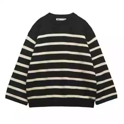 Zara Striped Button Sleeve Knit Sweater In Black Size Small • $21.99