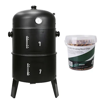 3 In 1 BBQ Charcoal Grill Barbecue Smoker & FREE Oak Smoking Wood Chips 1.25 LTR • £46.99