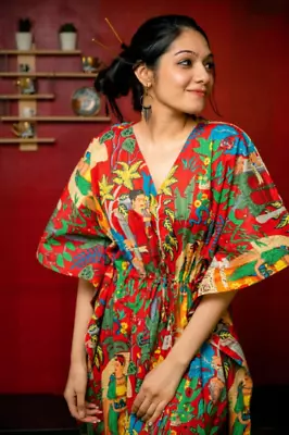 Indian Red Frida Kahlo Print Cotton Hippie Maxi Women Nightwear Caftan Dress • $39.99