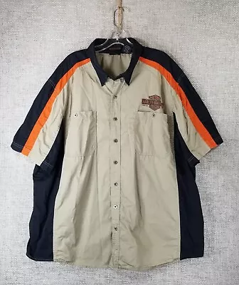 Harley Davidson Button Front Short Sleeve Mechanic Shirt Beige Black Mens 3XL • $19