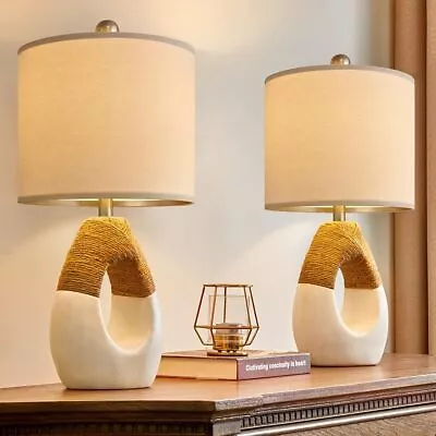 Boho Table Lamps Bedroom Living Room Set 2 Small Farmhouse Rattan Table Lamp • $63.47