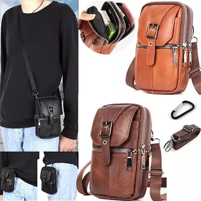 Men Leather Phone Pouch  Small Belt Bag Shoulder Crossbody Purse Waist Pack UK • £9.39