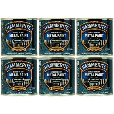 6x Hammerite Direct To Rust Hammered Dark Green Quick Drying Metal Paint 250ml • £45.99