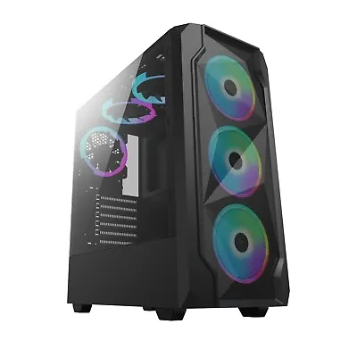 Gaming PC Case RGB LED Mid Tower ATX Tempered Glass 6x Halo RGB Ring Fans- Wrath • £48.99