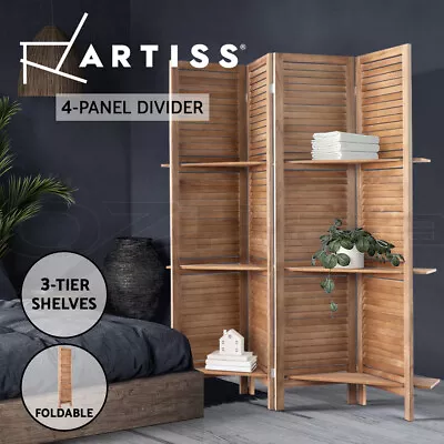 Artiss 4 Panel Room Divider Screen Partition Privacy Timber Shelf Stand Oak • $115.95