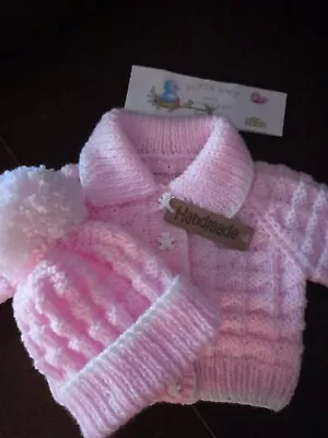 Hand Knitted Baby Cardigan & Hat Set PINK/WHITE MIX 0-3months  NEW • £6.95