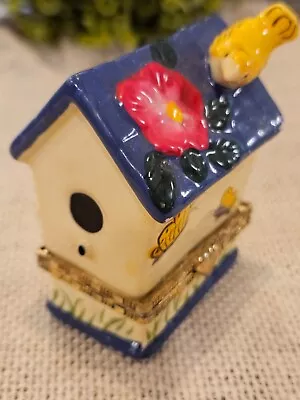 VGT Birdhouse Porcelain Hinged Trinket Box Blue Roof Yellow Bird Pink Flowers  • $9.75