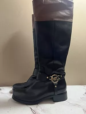 MICHAEL KORS Fulton Harness Tall Riding Boots Womens Black Leather W/ Brown 7M • $59