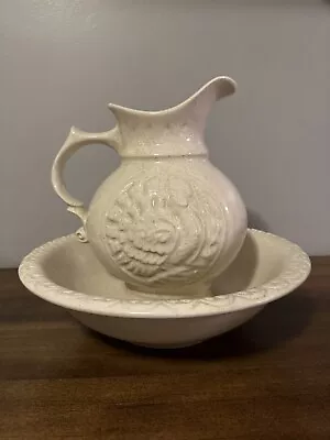 Vintage McCoy Pottery Embossed 3D Turkey Rustic Decor Wash Basin Bowl Pitcher • $39.99