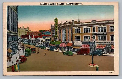 Malden Square MA Street Scene Old Cars Trucks Bus Signs Shops Postcard Vtg D7 • $5.99