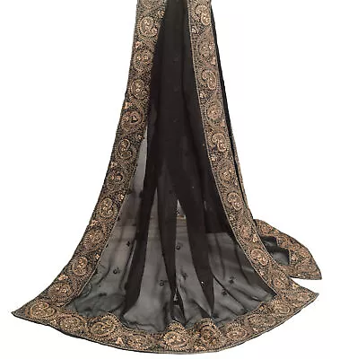 Sushila Vintage Black Pure Georgette Silk Dupatta Floral Embroidered Long Stole • $26.99