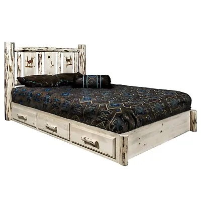 KING Log Bed With Storage Drawers PLATFORM Rustic Unique Western Laser Etched • $2297