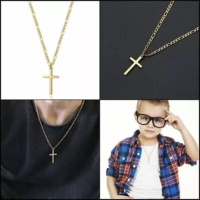 14K Gold Filled Cross Necklace Men Figaro Chain Stainless Steel Plain Polished • $17.51