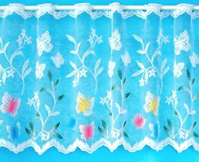 Pretty Multi Coloured Butterfly White Lace Window Cafe Net Sold By The Metre • £2.75