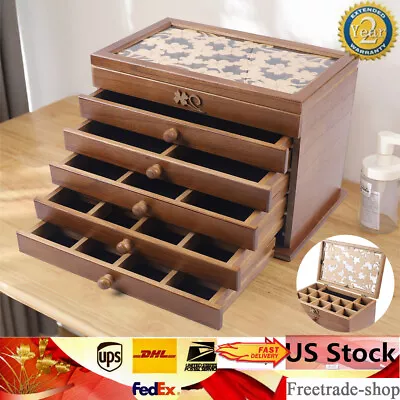 Large Vintage Wooden Jewelry Box 6 Layers Necklace Organizer Storage Box Gift • $49