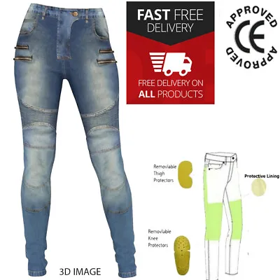 Women Motorcycle Jeans Motorbike Pant Denim Trousers Made With Kevlar CE Armor • £49.99