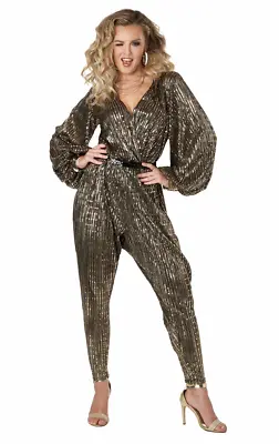 Womens Gold Disco Queen Party ABBA Jumpsuit Costume • £56.99