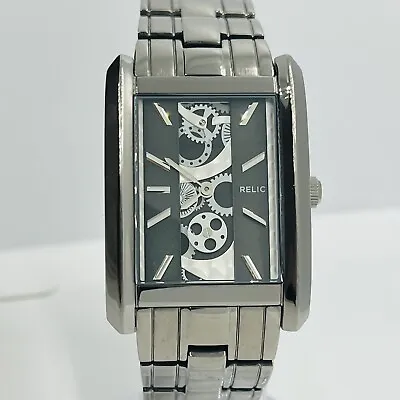 Relic By Fossil Mens Skeleton Analog Rectangle Gunmetal Gray Steel Watch ZR77133 • $50