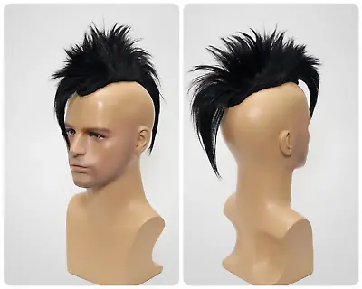 Black Mohawk Glued Clip-in Hairpiece Wigs Mad Max Cyberpunk Goth Mohican Toupees • $186.68